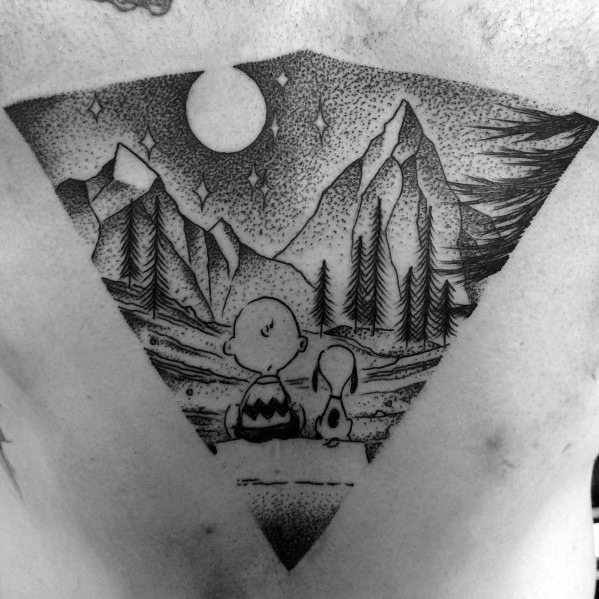 Detailed black and white Charlie Brown and Snoopy tattoo, featuring them gazing at a starry mountain landscape inside a triangular frame.