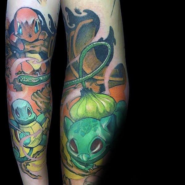 Full sleeve tattoo of Charmander, Squirtle, and Bulbasaur in dynamic poses with bold shading and a glowing, fiery-green color scheme.