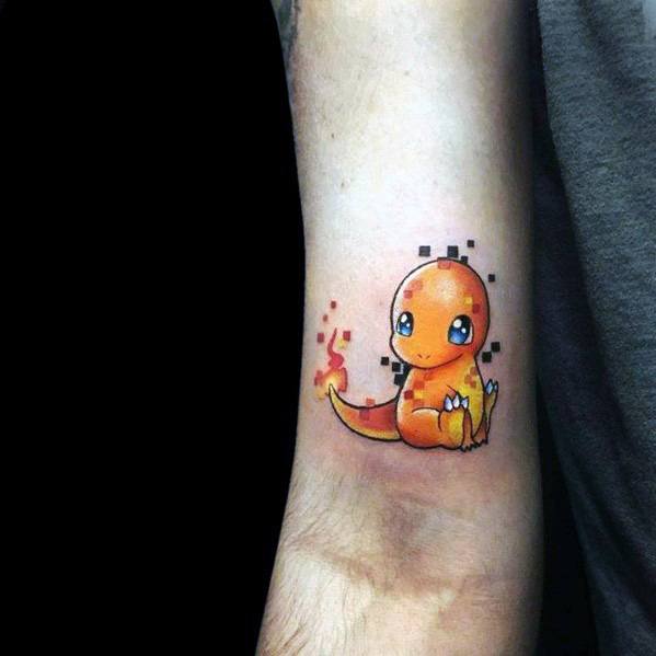 Adorable Charmander tattoo on forearm with a pixelated glitch effect, sitting with a glowing flame and wide, expressive eyes.