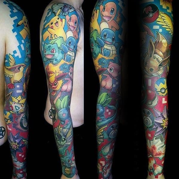 Full sleeve Pokémon tattoo featuring Charmander, Pikachu, Eevee, Squirtle, and more in a vibrant, colorful collage with pixel art elements.