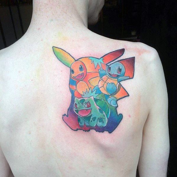 Back tattoo of Pikachu, Charmander, Squirtle, and Bulbasaur in a colorful rainbow gradient style with bold outlines and soft shading.