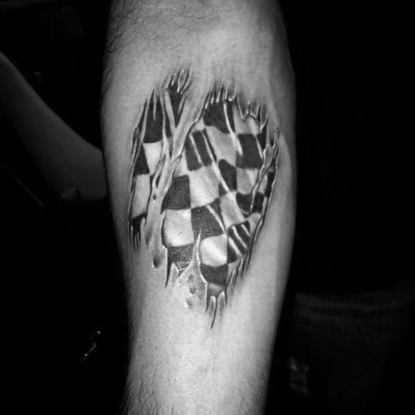 Realistic torn-skin checkered flag tattoo, creating a 3D effect as if the flag is beneath the skin, symbolizing passion for racing.