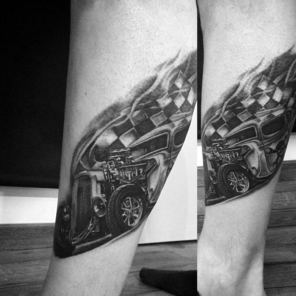 Realistic checkered flag tattoo with a detailed hot rod and flames, symbolizing speed, power, and a passion for racing.