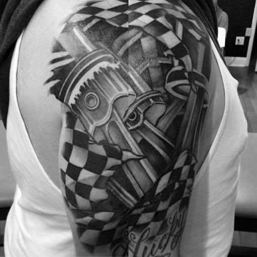 Bold checkered flag tattoo with a detailed piston design, symbolizing horsepower, racing spirit, and mechanical precision.