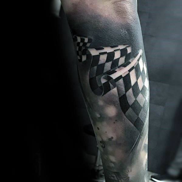 Realistic checkered flag tattoo with a flowing 3D effect, symbolizing speed, victory, and a passion for racing.