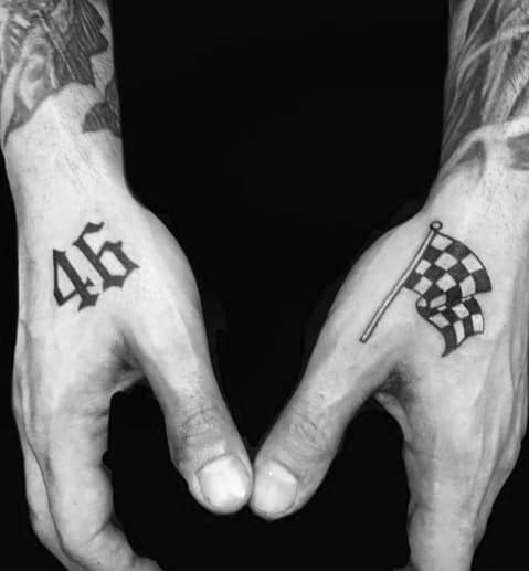Minimalist hand tattoos featuring a checkered flag and the number 46, symbolizing racing passion, speed, and a tribute to motorsports.