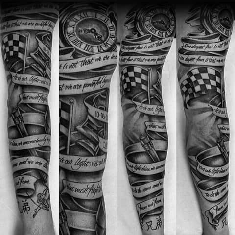 Intricate sleeve tattoo featuring checkered flags, a clock, banners with script, and racing elements, symbolizing time, passion, and victory.