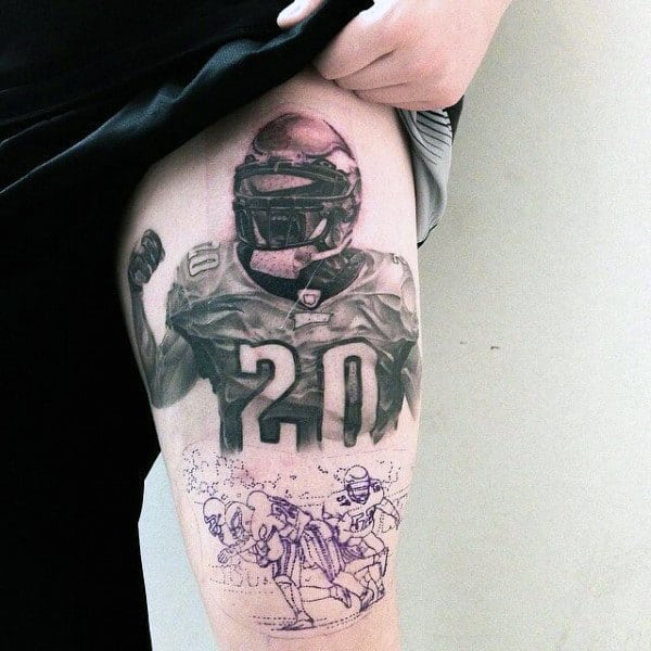 Cheering Football Player Mens Thigh Tattoo Design Ideas