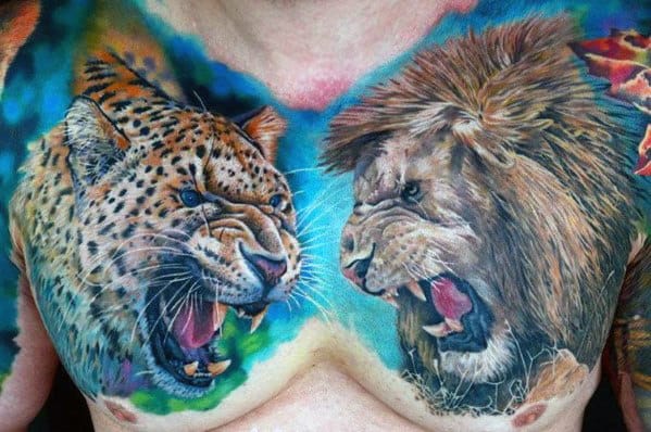 Cheetah With Lion Roaring Mens Upper Chest Tattoos