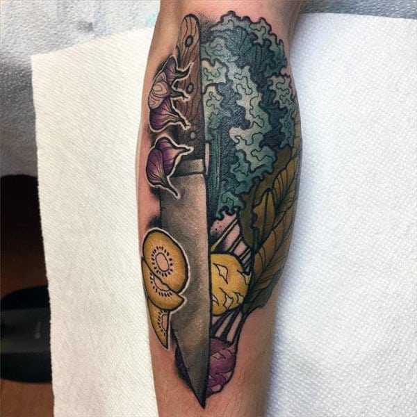 Chef Knife With Produce Mens Leg Calf Tattoos