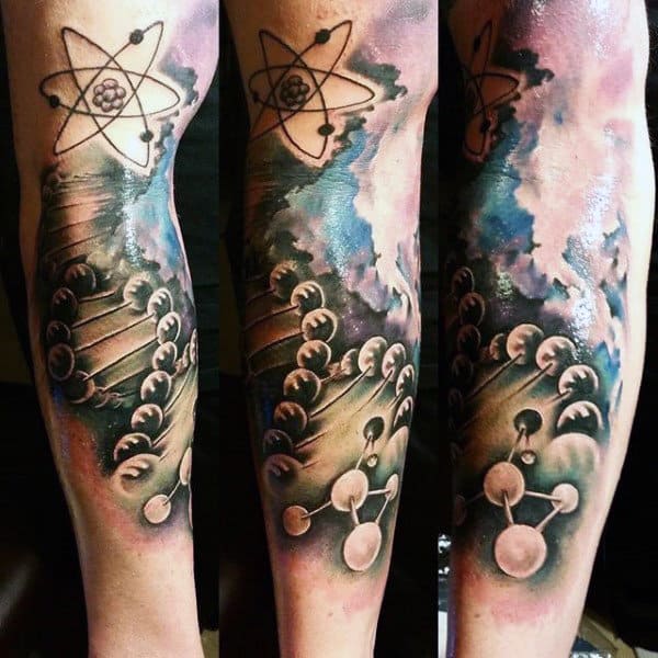 Chemical Element Chemistry Mens Forearm Atom Tattoo Design With Watercolor Ink