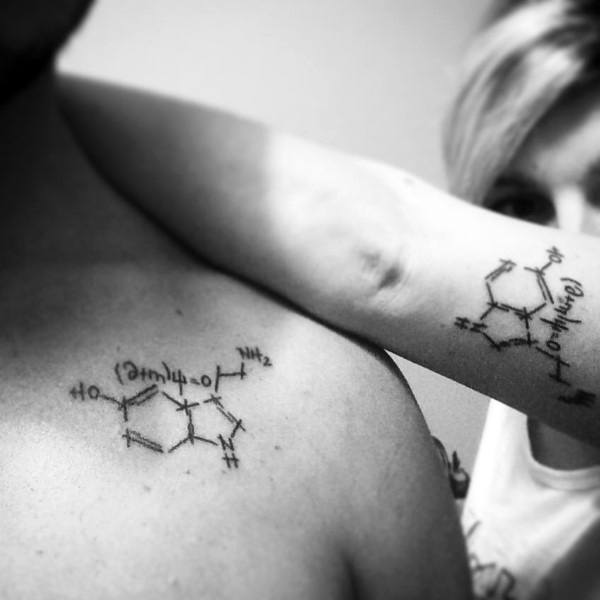 Matching tattoos of serotonin and dopamine chemical structures, symbolizing love, happiness, and emotional connection between the couple.