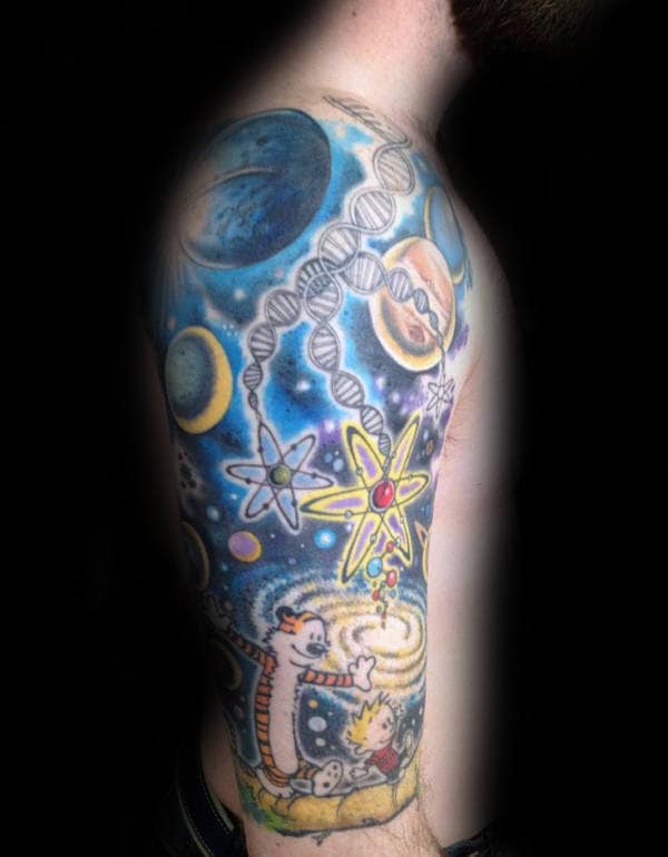 Chemistry Themed Calvin And Hobbes Mens Half Sleeve Tattoos