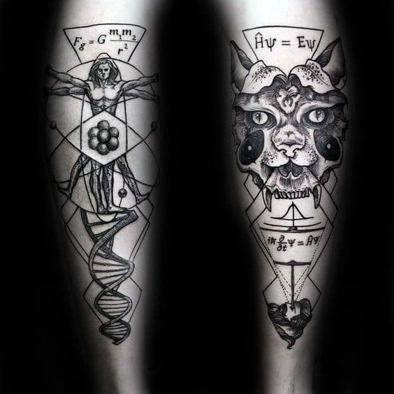 Chemistry With Dna Strand Vitruvian Man Mens Back Of Legs Tattoo