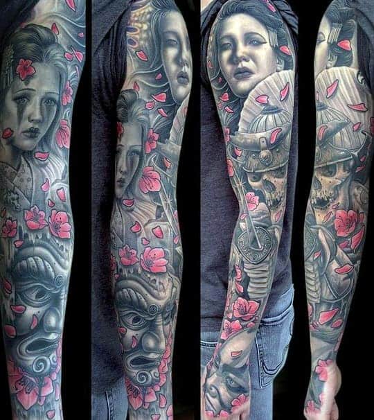 cherry-blossom-tattoos-on-gentleman-with-skull-samauri-warrior