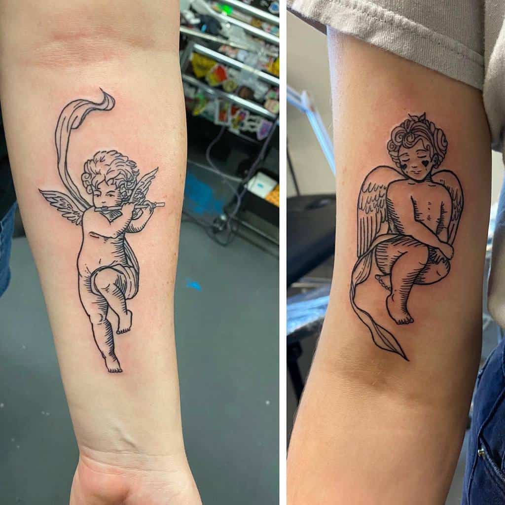 Matching sister cherub tattoos, one playing a flute with flowing fabric, the other sitting with folded arms and angelic wings
