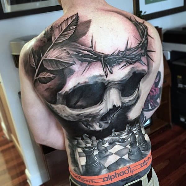 Chess Pieces And Skull Tattoo Mens Full Back