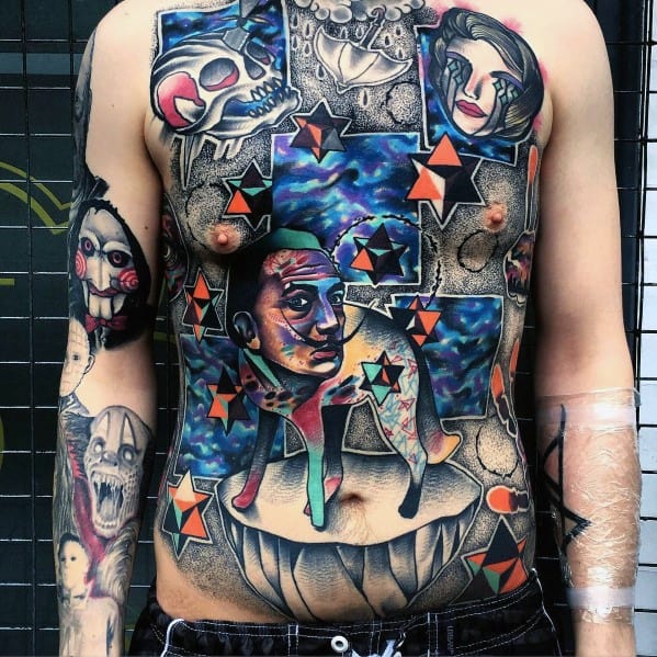 Surreal full torso tattoo with abstract faces, a hybrid human-dog figure, vivid stars, and bold patterns in a chaotic dreamscape.