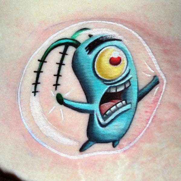 3D-style tattoo of Plankton trapped in a bubble with a panicked expression and vivid colors that pop against the skin.