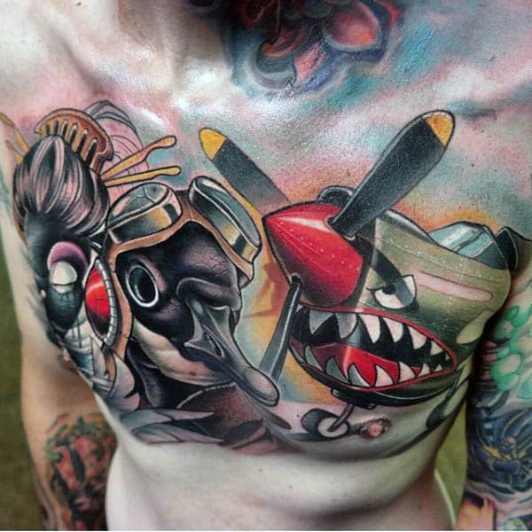 Colorful chest tattoo of a pilot duck and a cartoon airplane