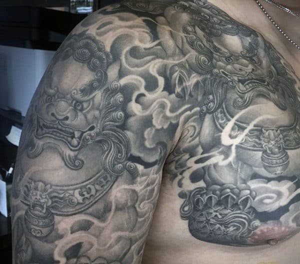 Chest And Arm Sleeve Male Foo Dog Shaded Tattoo Ideas