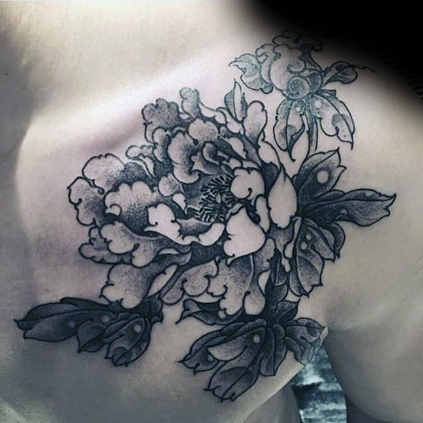 Chest And Shoulder Guys Black And Grey Peony Tattoo Designs