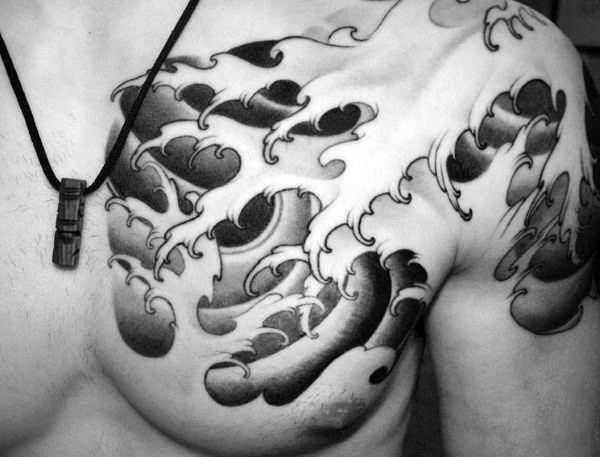 Chest And Shoulder Men's Water Wave Tattoo
