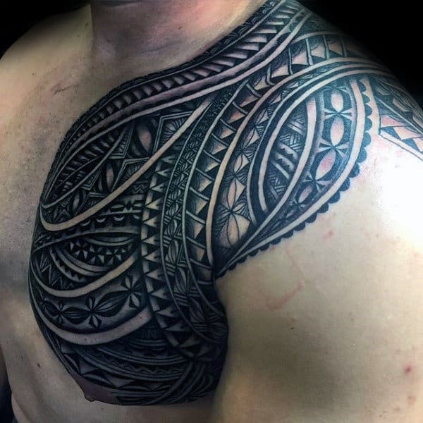 Chest And Shoulder Samoan Tribal Tattoo On Man