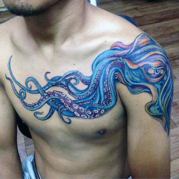 Chest And Shoulder Squid Tattoo For Men In Blue Ink