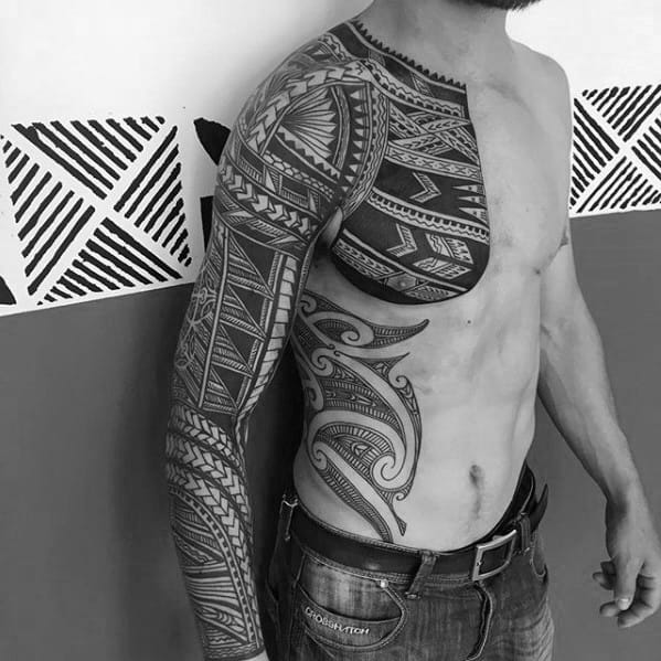Chest And Sleeve Badass Tribal Tattoo Design Ideas For Males