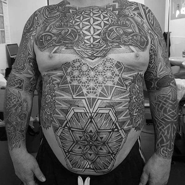 Chest And Sleeves Mens Celtic Inspired Tattoos