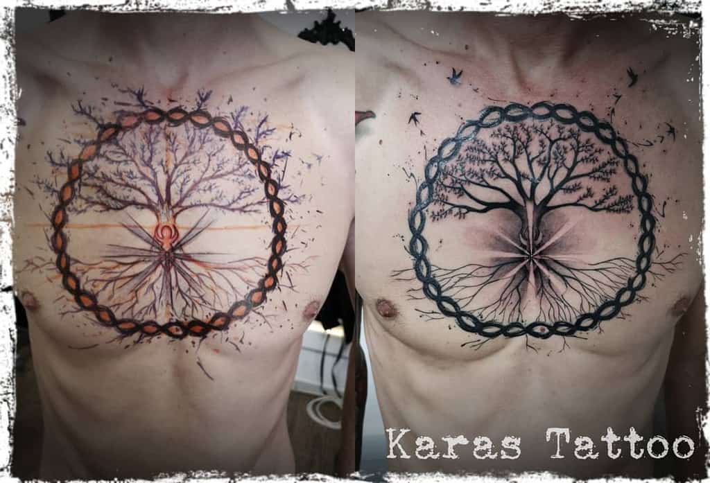Detailed chest tattoo of a tree encircled by a chain motif, depicting balance with interconnected branches and roots, symbolizing unity and strength