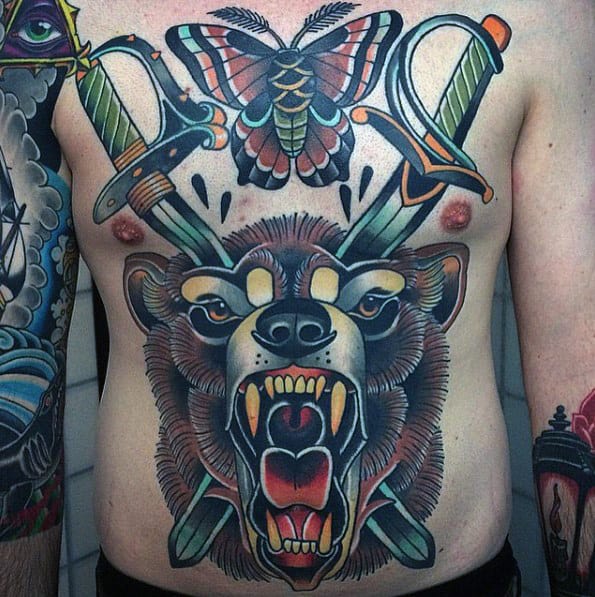 Chest Bear Swords Mens Traditional Tattoos