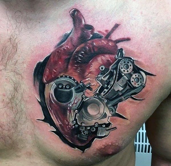 Realistic 3D tattoo of an anatomical heart fused with mechanical gears and engine parts, creating a striking biomechanical design on the chest.