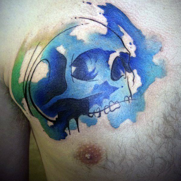 Chest Blue And Green Ink Remarkable Watercolor Skull Tattoos For Males