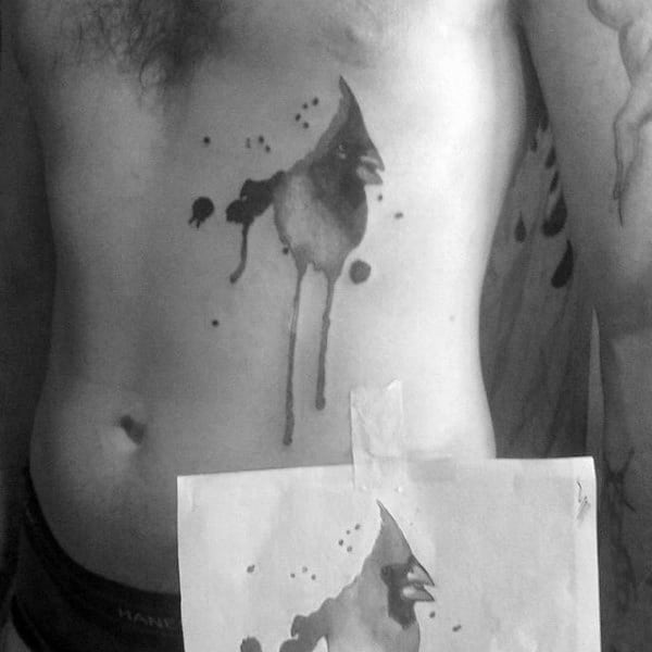 Chest Cardinal Dripping Paint Male Watercolor Tattoos