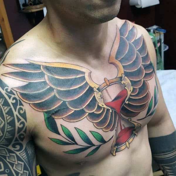Chest Color Hourglass Wings Tattoo For Guys