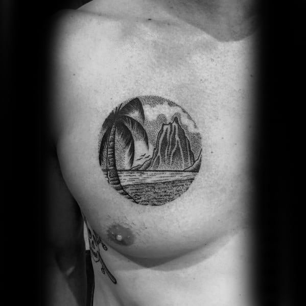 Chest Detailed Circular Volcano Tattoos For Gentlemen