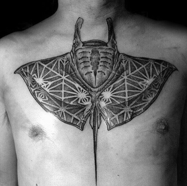 Chest Geometric Dotwork Negative Space Manta Ray Guys Tattoo Designs