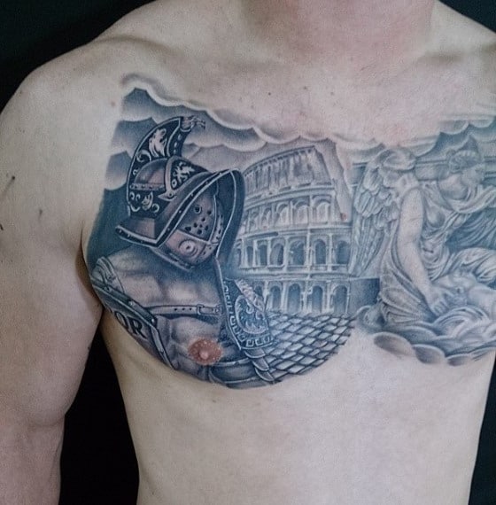 Chest tattoo featuring a fierce gladiator, the majestic Roman Colosseum, and an ancient statue on a man's chest