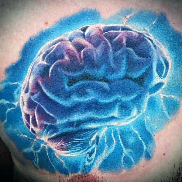 Chest Glowing Electric Brain Consciousness Male Tattoo Designs