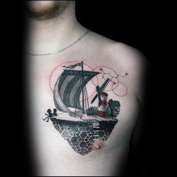 Detailed chest tattoo of Gorillaz’s Plastic Beach island, featuring a sailboat, lighthouse, windmill, and geometric base with red accents.