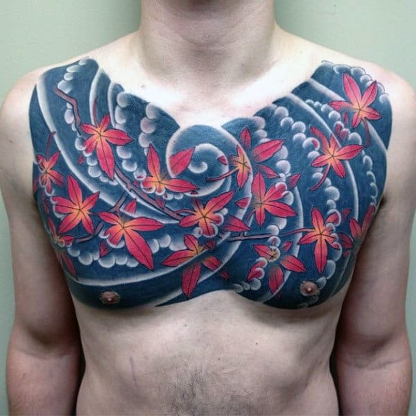 Chest Japanese Maple Leaf Tattoo For Men