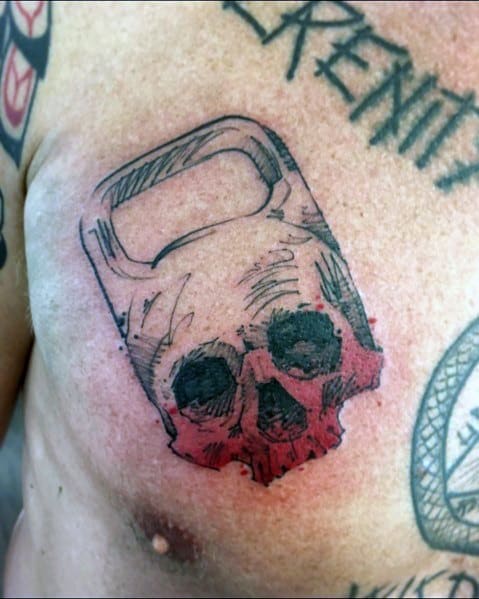Bold chest tattoo of a kettlebell fused with a skull, featuring black ink and red shading, symbolizing strength, resilience, and intense training.