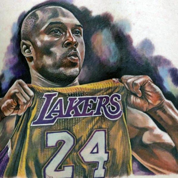 A colorful tattoo of Kobe Bryant lifting his Lakers jersey, showcasing his number 24, with a powerful, focused expression.