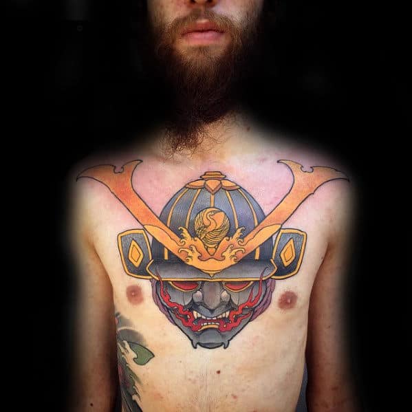Chest Male Sweet Samuari Helmet Tattoo Design Ideas