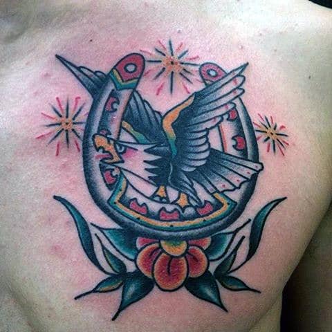 Chest Mens Traditional Horseshoe Bald Eagle Tattoo