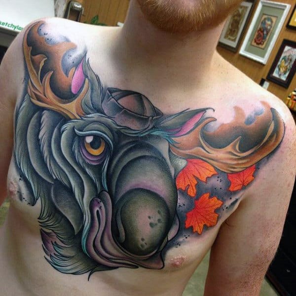 Chest New School Moose Tattoo For Men With Maple Leaves Blowing In Wind