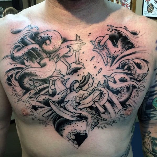 Chest Octopus Mens Pirate Ship Wheel Tattoo