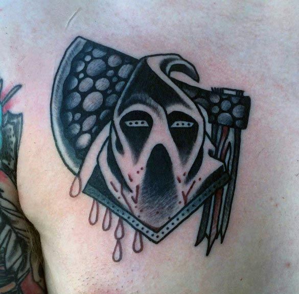 Executioner tattoo with a hooded skull dripping blood, placed over a detailed battle axe with a textured blade and dark shading.